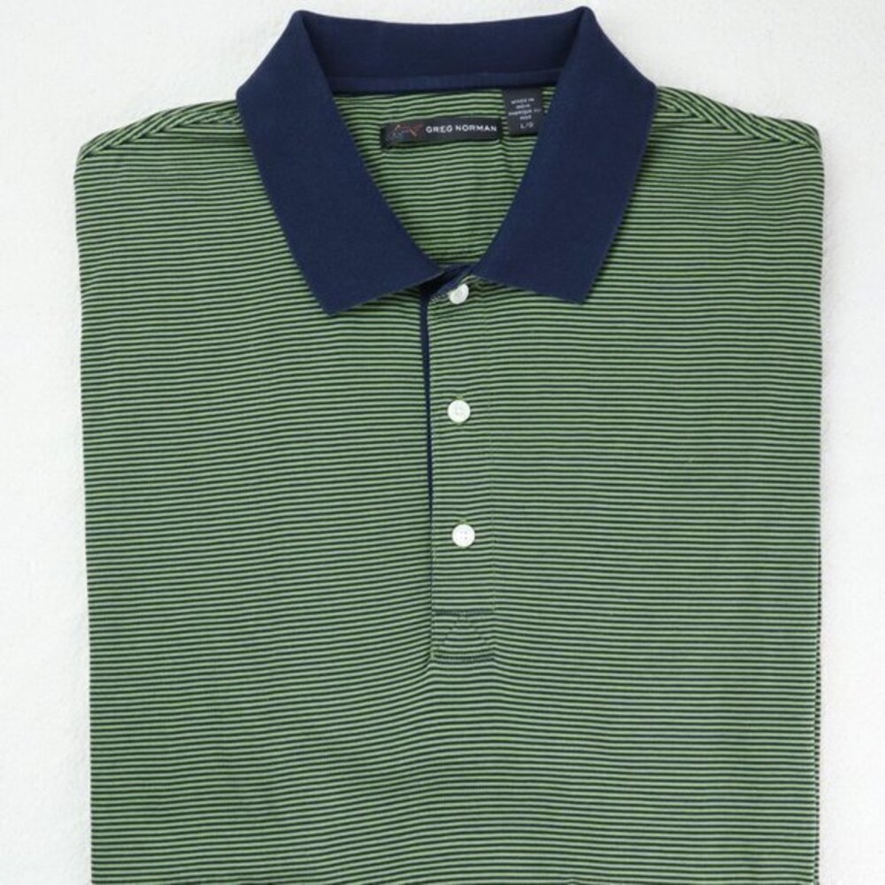 Mens Polo Shirt Navy & Green Stripe Greg Norman Button Collar Golf Gorpcore Trek